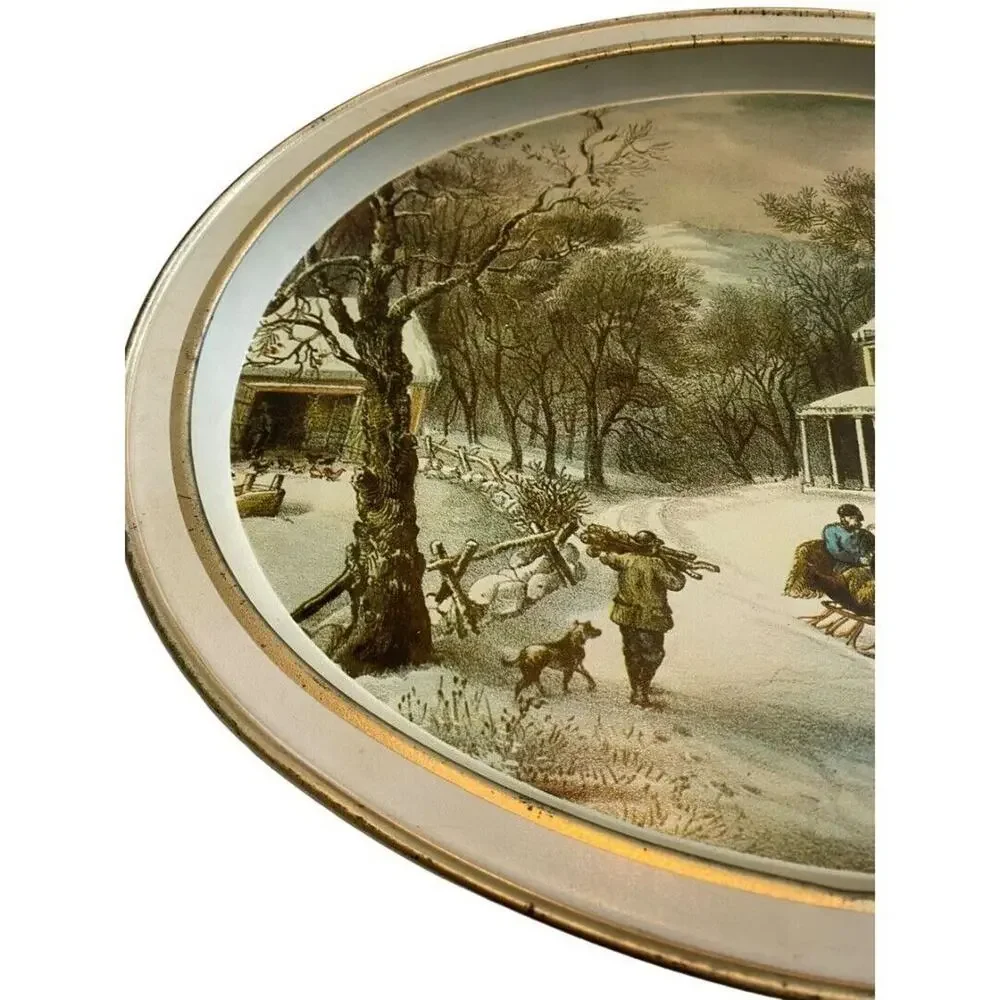 Currier and Ives The American Homestead Metal Tray Serving Vintage Winter